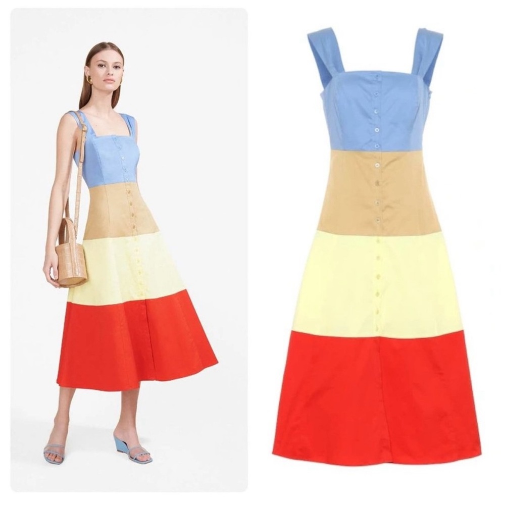 STAUD Colorblock Midi Dress in Blue, Tan, Cream & Red